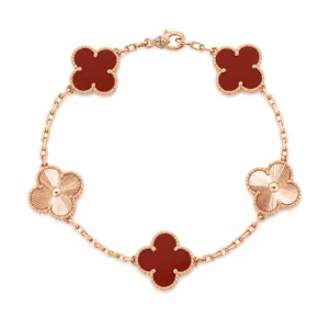 Carnelian and Guilloché Five-Motif Rose Gold-Plated Clover Bracelet