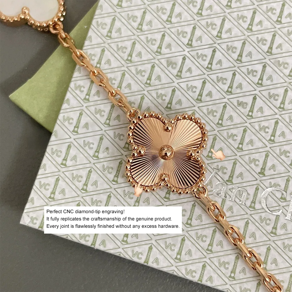 White Mother-of-Pearl and Guilloché Five-Motif Rose Gold-Plated Clover Bracelet - Image 5