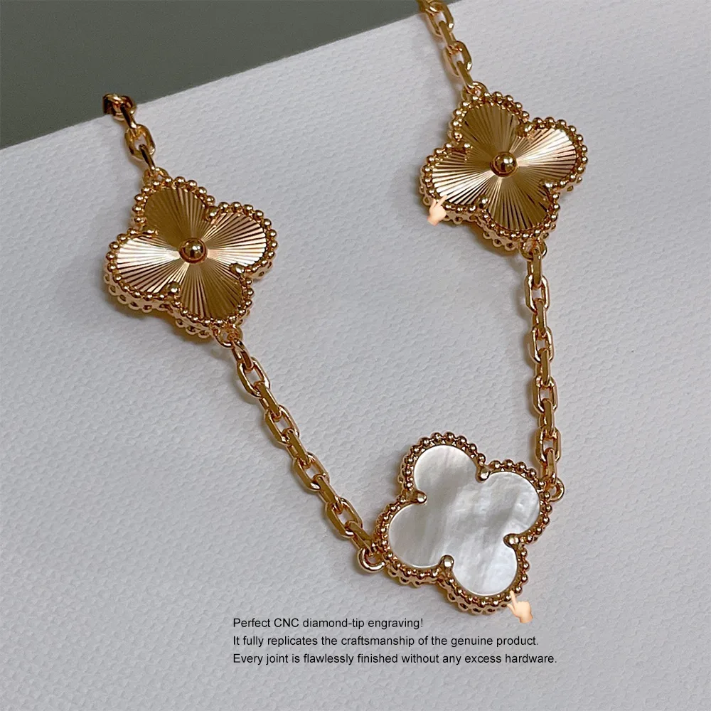 White Mother-of-Pearl and Guilloché Five-Motif Rose Gold-Plated Clover Bracelet - Image 7