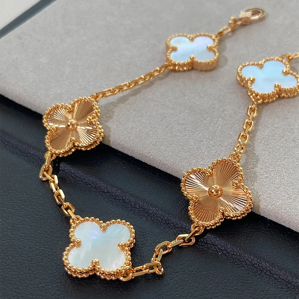 White Mother-of-Pearl and Guilloché Five-Motif Rose Gold-Plated Clover Bracelet - Image 11