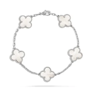 White Mother-of-Pearl Five-Motif White Gold-Plated Clover Bracelet