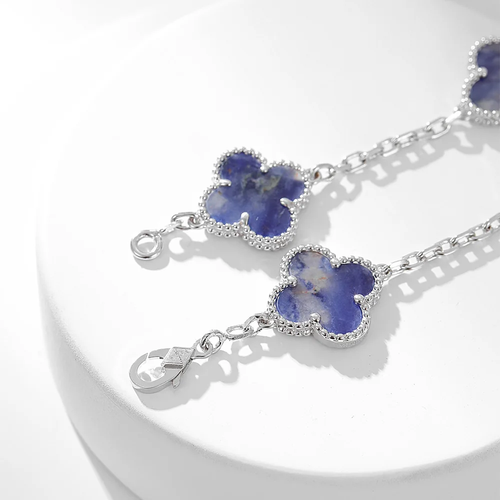 Blue Pietersite Five-Motif White Gold-Plated Clover Bracelet - Image 4