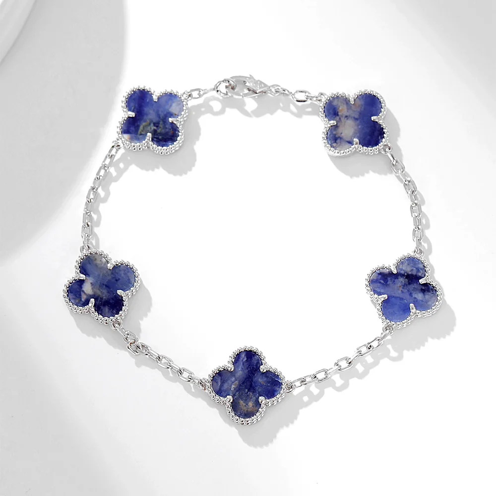Blue Pietersite Five-Motif White Gold-Plated Clover Bracelet - Image 5