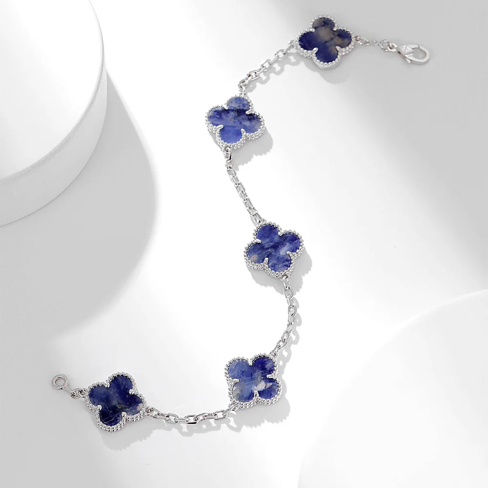 Blue Pietersite Five-Motif White Gold-Plated Clover Bracelet - Image 6