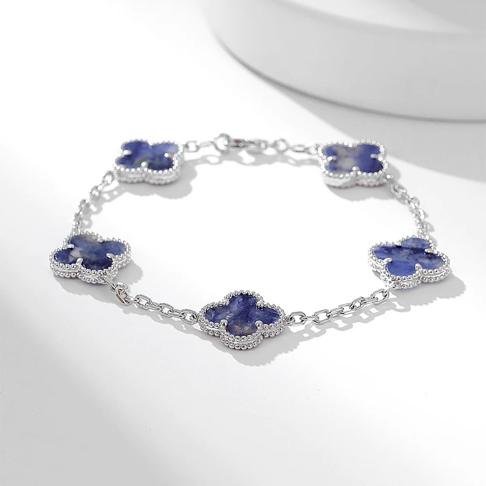 Blue Pietersite Five-Motif White Gold-Plated Clover Bracelet - Image 7