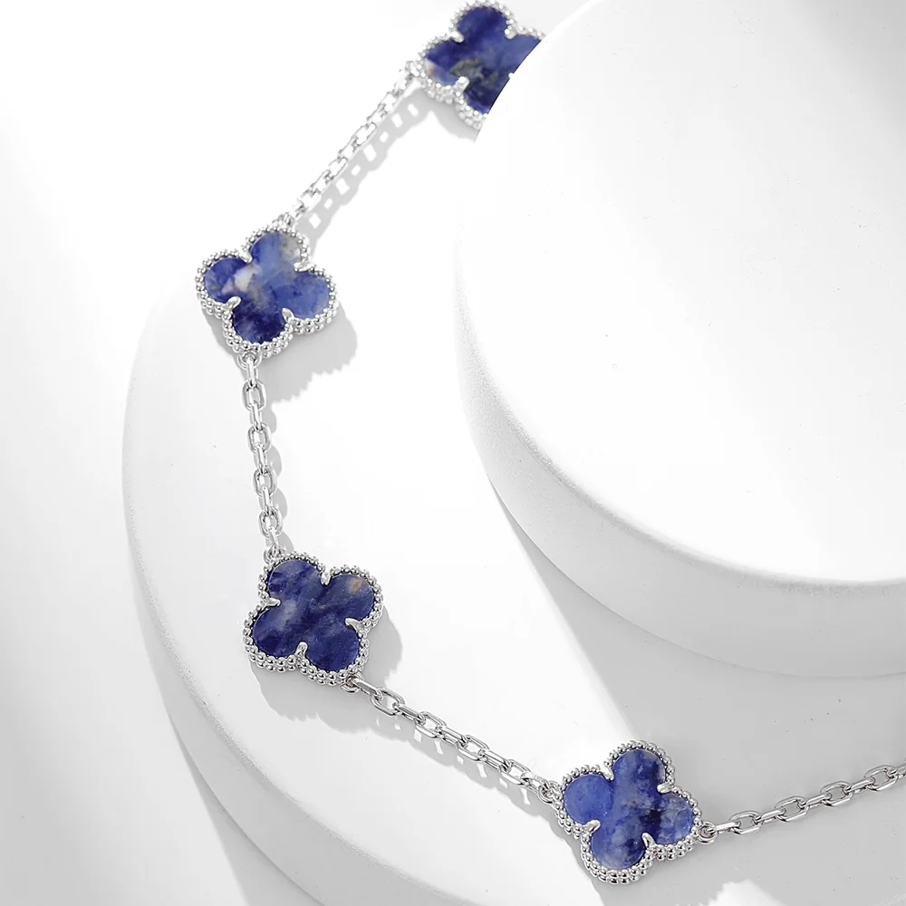 Blue Pietersite Five-Motif White Gold-Plated Clover Bracelet - Image 8
