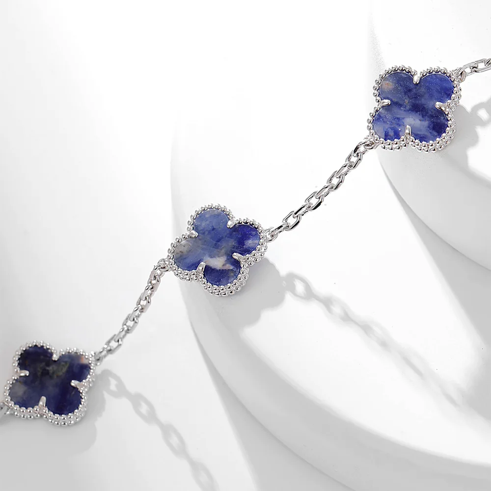 Blue Pietersite Five-Motif White Gold-Plated Clover Bracelet - Image 9