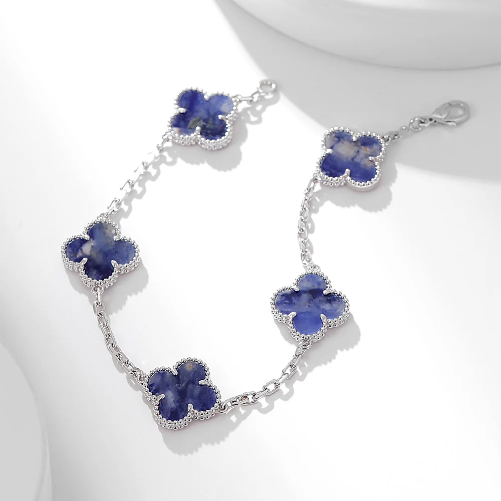 Blue Pietersite Five-Motif White Gold-Plated Clover Bracelet - Image 10