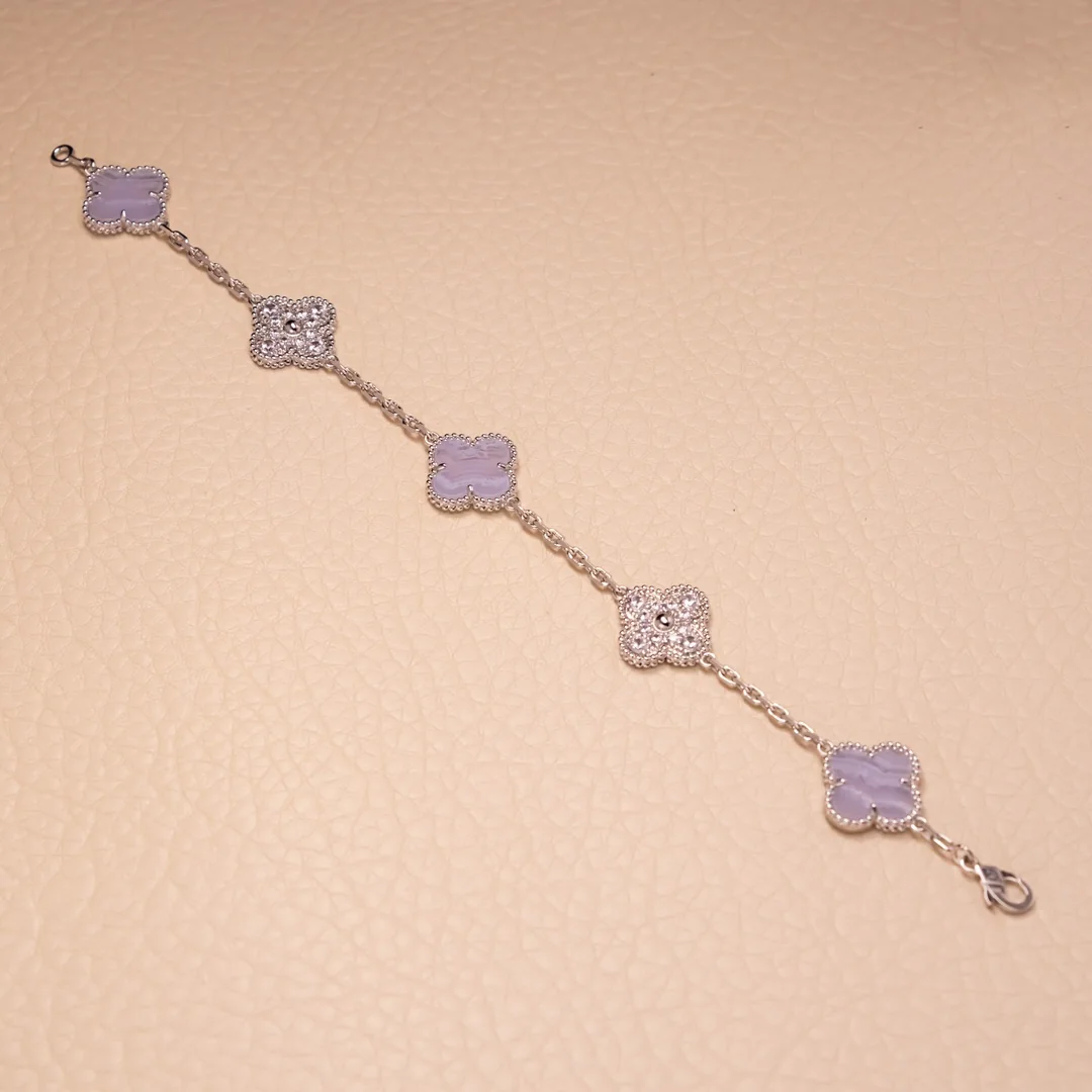Lavender Chalcedony and Diamond Five-Motif White Gold-Plated Clover Bracelet - Image 2