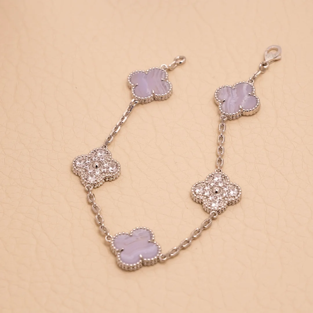Lavender Chalcedony and Diamond Five-Motif White Gold-Plated Clover Bracelet - Image 4
