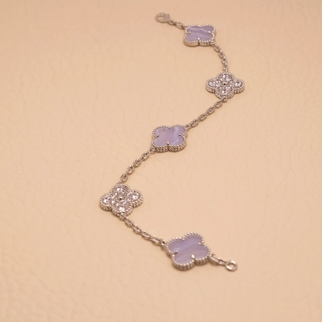 Lavender Chalcedony and Diamond Five-Motif White Gold-Plated Clover Bracelet - Image 5