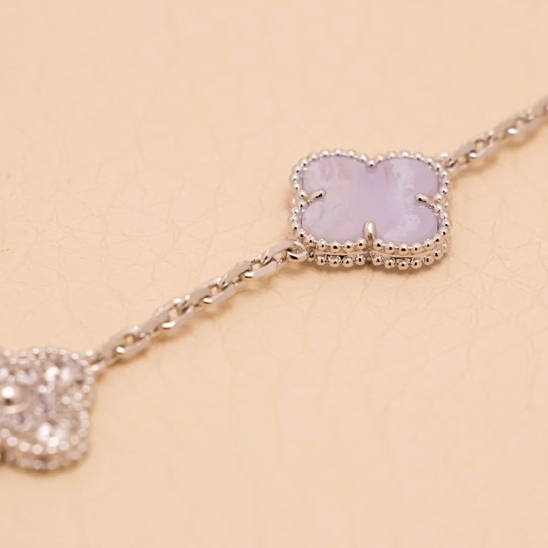 Lavender Chalcedony and Diamond Five-Motif White Gold-Plated Clover Bracelet - Image 7