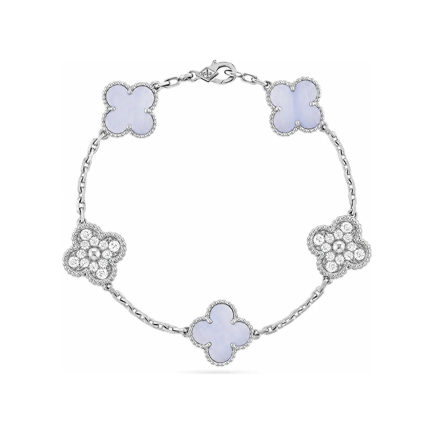 Lavender Chalcedony and Diamond Five-Motif White Gold-Plated Clover Bracelet