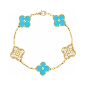 Turquoise and Diamond Five-Motif Gold-Plated Clover Bracelet