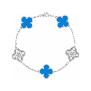 Turquoise and Diamond Five-Motif White Gold-Plated Clover Bracelet