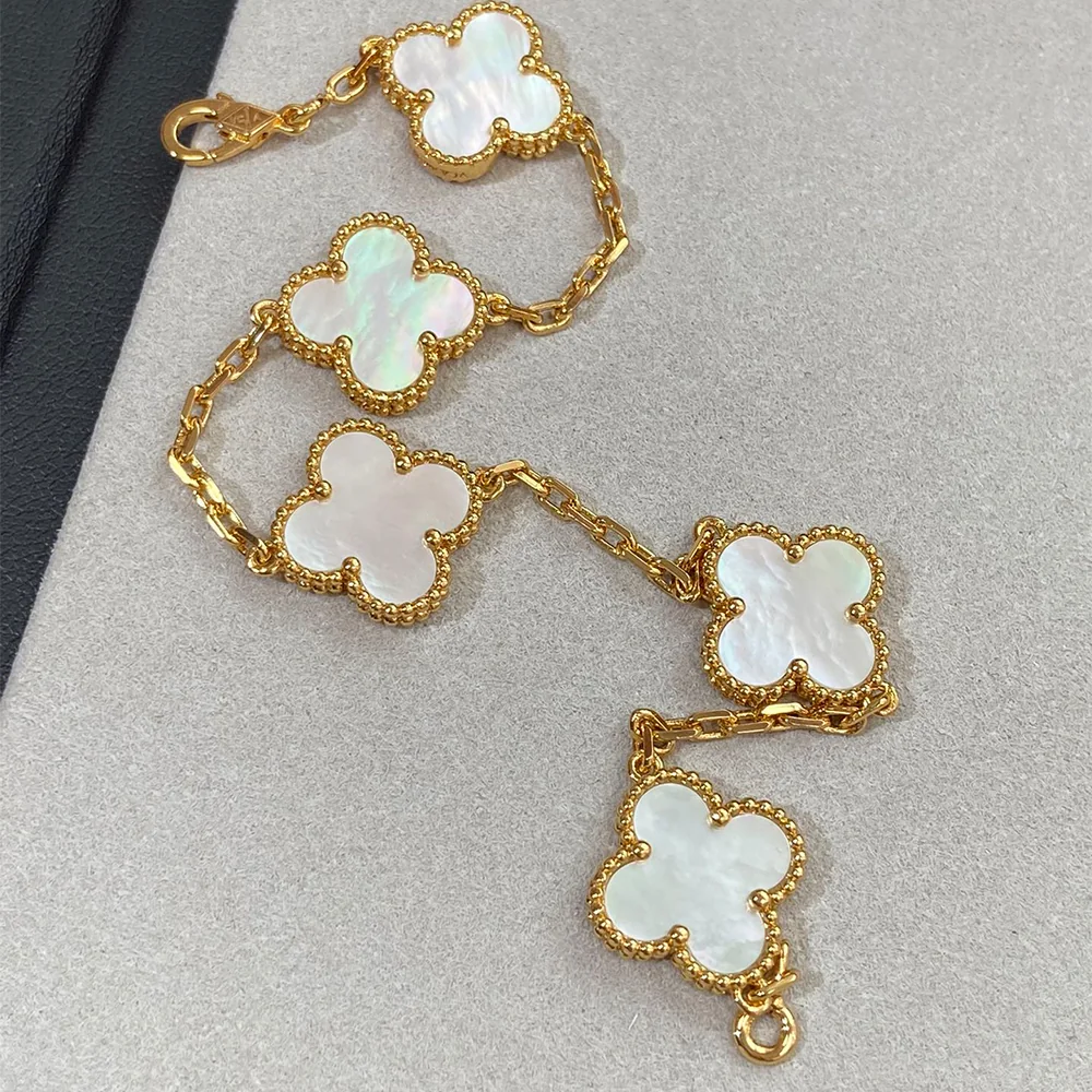 White Mother-of-Pearl Five-Motif Gold-Plated Clover Bracelet - Image 2