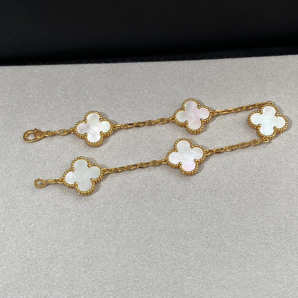 White Mother-of-Pearl Five-Motif Gold-Plated Clover Bracelet - Image 4