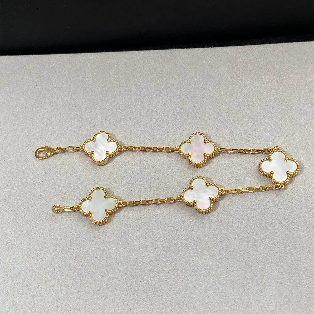 White Mother-of-Pearl Five-Motif Gold-Plated Clover Bracelet - Image 8