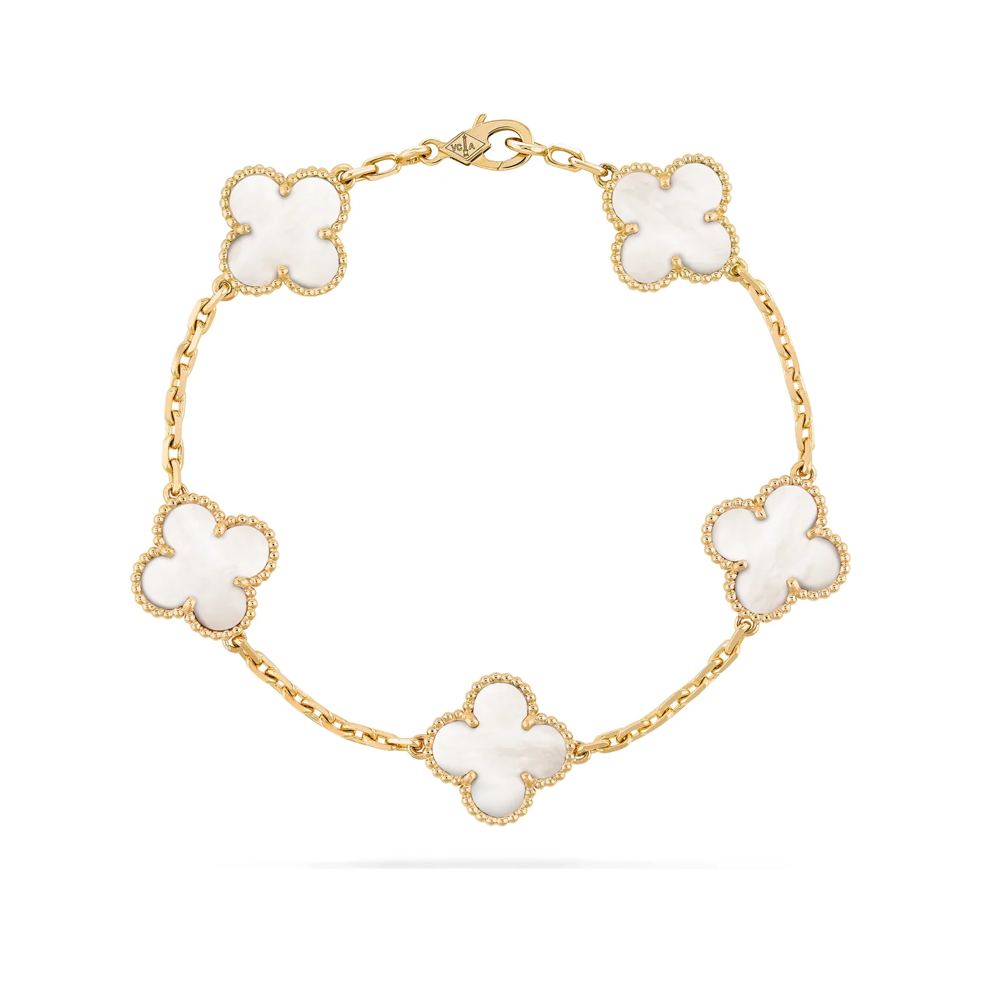 White Mother-of-Pearl Five-Motif Gold-Plated Clover Bracelet