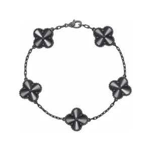Black Guilloché Five-Motif Gold-Plated Clover Bracelet