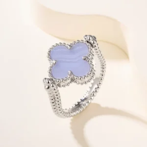 Lavender Chalcedony Reversible Clover Double-Band White Gold-Plated Ring
