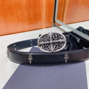 Unisex Classic Leather Belt with Ornate Engraved Statement Buckle, 38 mm detail view 1