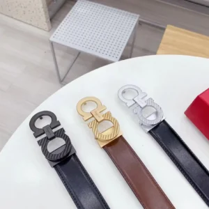 Men's Modern Reversible Textured Leather Belt with Sculpted Double-Ring Buckle, 35 mm main product image