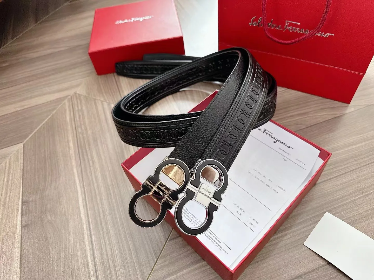 Men's Modern Textured Leather Belt with Sculpted Double-Ring Buckle, 35 mm main product image