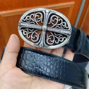 Unisex Crocodile-Texture Leather Belt with Crystal-Detail Statement Buckle, 38 mm main product image