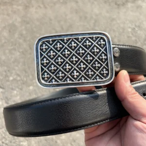 Unisex Signature Leather Belt with Ornate Engraved Statement Buckle, 38 mm main product image