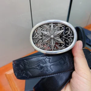 Unisex Contemporary Leather Belt with Ornate Engraved Statement Buckle, 38 mm main product image